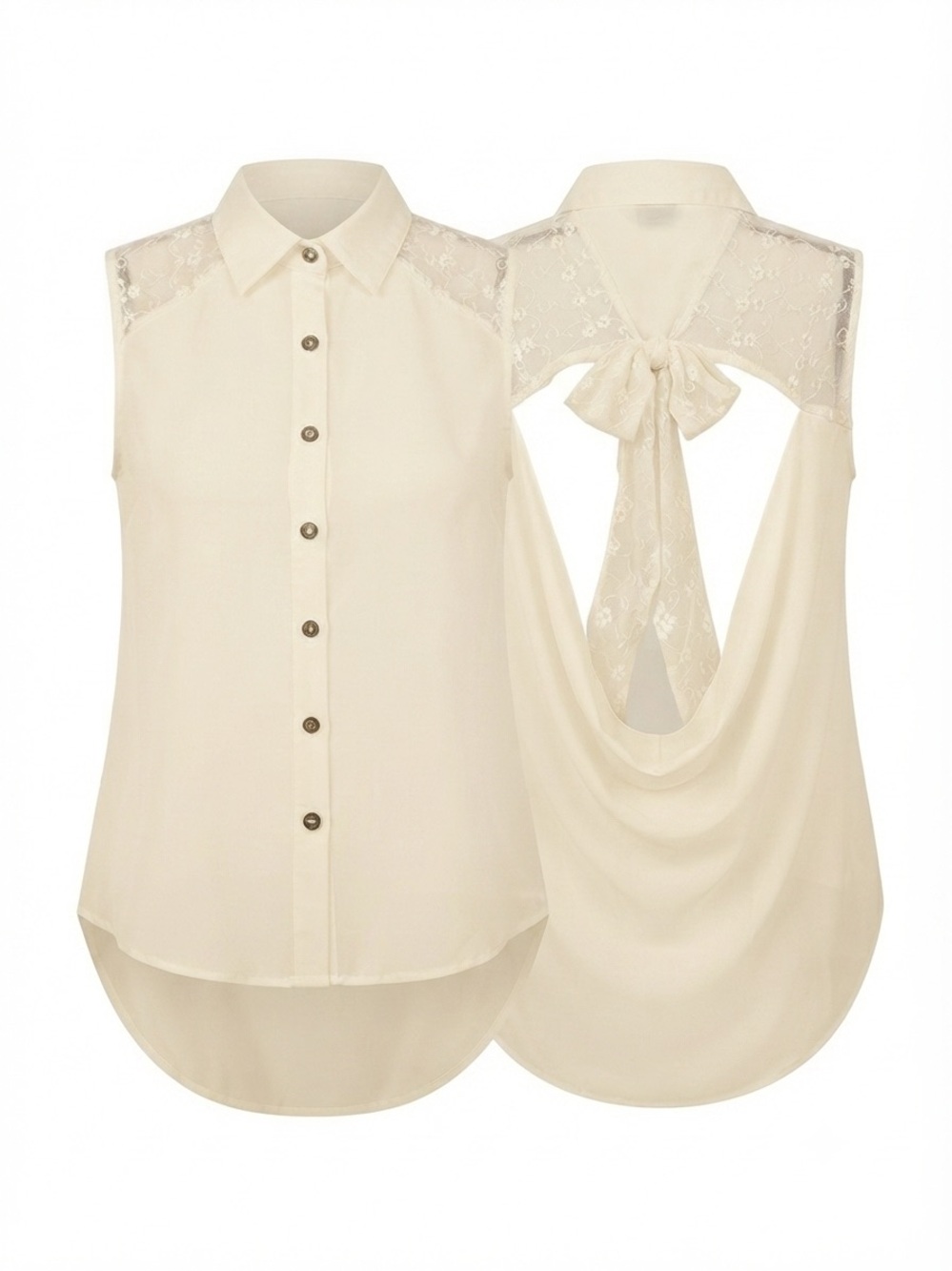 Mono B Clothing Sleeveless Lace-Back Tie Blouse in Ivory Sz Lrg A19-080